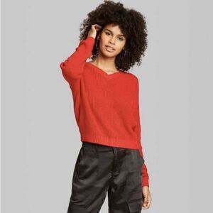 Wild Fable Sweater Cropped Knit‎ Long Sleeve V-Neck Pullover Red Large